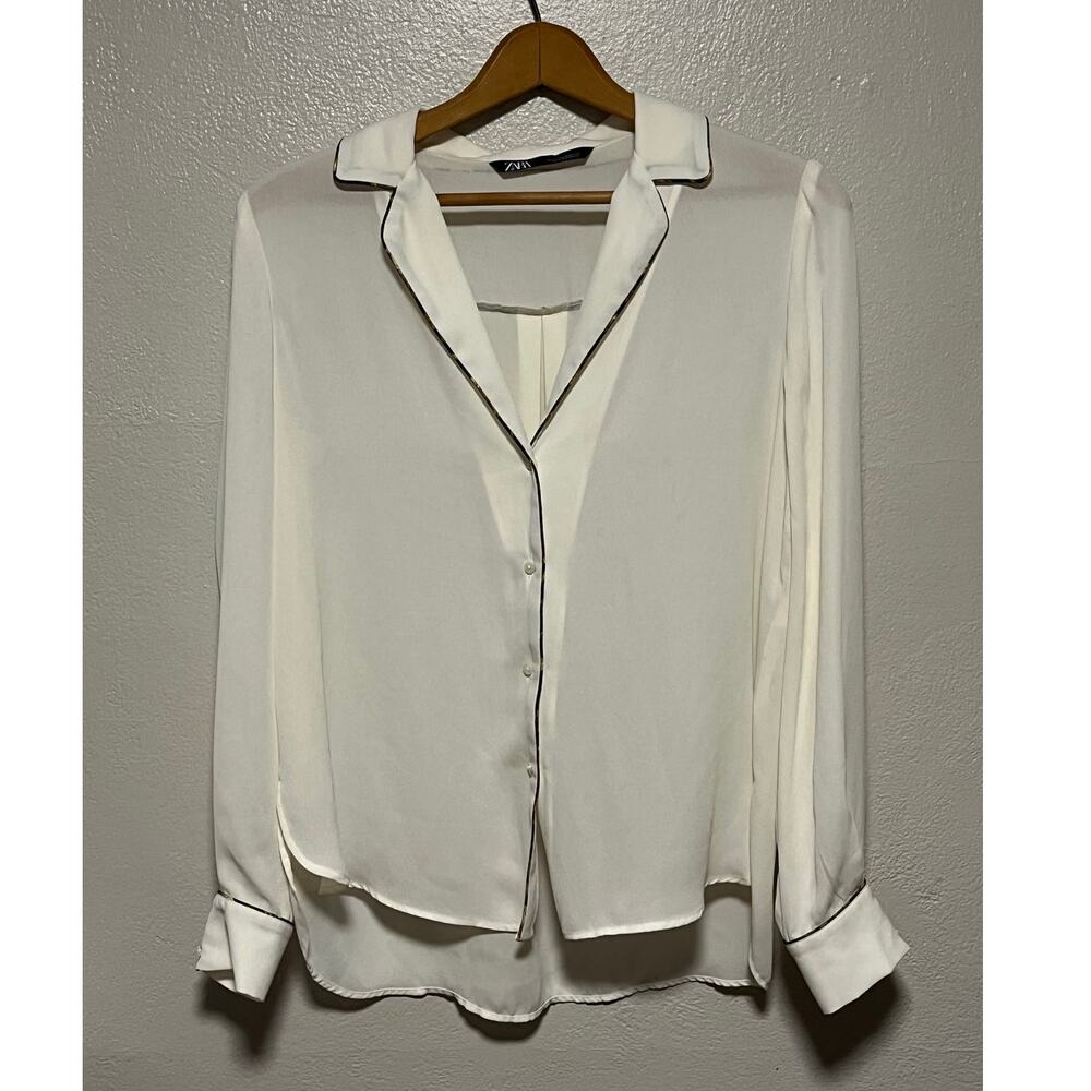 Womens Zara Sheer Button Down Cream Blouse Black Brown Fabric Trim Shirt Size XS